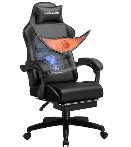 Produktbild: GTPLAYER Gaming Stuhl, Gaming Chair, Ergonomischer Höhenverstellbarer Bürostuhl, Zweckmäßig für Winter und Sommer, mit Doppelrückenlehne, mit Fußstütze abnehmbarem Bezug und Lendenwirbelstütze Schwarz