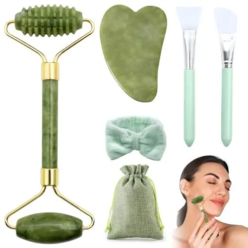 Produktbild: Gua Sha Massager Face Jade Roller Set, Gesichtsroller Beauty Massager Skincare, Natü Rliche Jaderolle, Gesichtsroller Gesichtsmassage Für Anti-Aging-Falten, Reduces Eye Puffiness