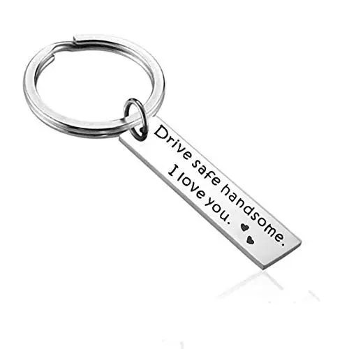 Produktbild: Gualiy Unisex-Schlüsselanhänger - Herren Damen Edelstahl Schlüsselanhänger, Langer Teller mit graviertem Fahr vorsichtigly Handsome, i Love You Silber Stil B