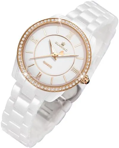 Produktbild: GUANHAO Damen Uhren Rose Gold Diamant Klassisch Elegantes Kleid Damen Keramik Armbanduhr Wasserdicht Weißes Zifferblatt Quarz Uhrwerk