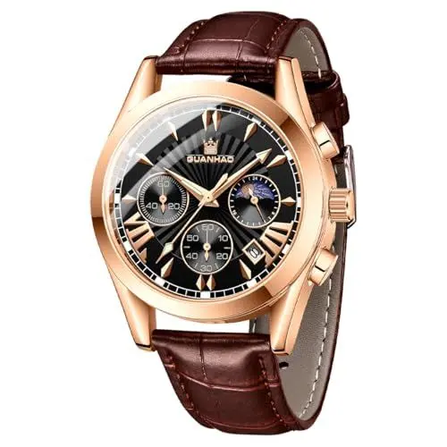 Produktbild: GUANHAO Fashion Uhr für Männer Lederband, wasserdicht Kalender Chronograph Leuchtend, Herrenuhren Lederband mit Edelstahlgehäuse, kratzfestes Glas Spiegel Quarzwerk