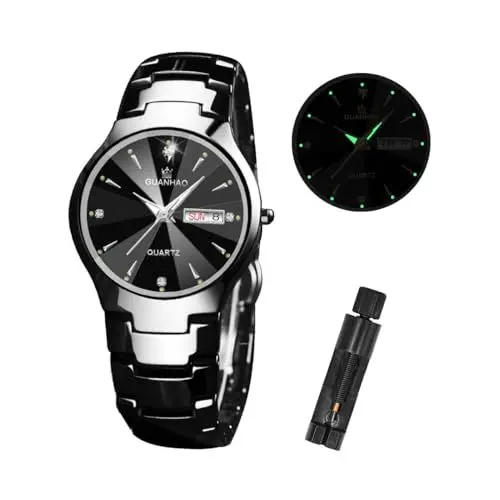 Produktbild: GUANHAO Schwarze Quarz Keramik Uhr Herren, Luxusuhren mit Leuchtkalender wasserdicht, Herrenuhr mit schwarzem Keramikarmband