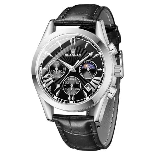 Produktbild: GUANHAO Schwarze Herrenuhren mit Lederarmband, Kalender-Leucht-Chronograph Zifferblatt, Business wasserdichte Quarzuhren für Männer, Edelstahlgehäuse Herrenuhren