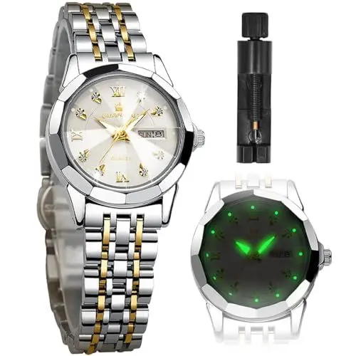 Produktbild: GUANHAO Uhren für Frauen mit Datum Edelstahlarmband Kleines Zifferblatt Quarz Analog Damenuhren Weißes Zifferblatt Damenarmbanduhr Wasserdicht mit Leuchtmasse