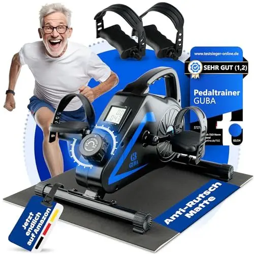 Produktbild: GUBA - 2 in1 Pedaltrainer (TESTSIEGER) mit Anti-Rutsch-Matte und Widerstandsbänder | Beintrainer für Zuhause (extra Handpedale) | Heimtrainer Fahrrad für Senioren | Mini Bike