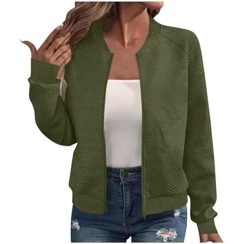 Produktbild: Gubsssl Bomberjacke Damen Freizeit Sweatjacke Warme Sportjacke Training Streetwear Winter Jacke Elegant Sweatshirt ohne Kapuze Damenjacke Modische Oberteile Einfarbig Outwear Frauen Kleidung Grün L
