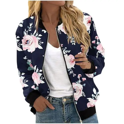 Produktbild: Gubsssl Bomberjacke Damen Sweatjacke Training Streetwear Warme Sportjacke ohne Kapuze Outdoorjacke Muster Tops Elegant Sweatshirt Mode Oberteile Jacke Winter Outwear Frauen Kleidung Marineblau XXL