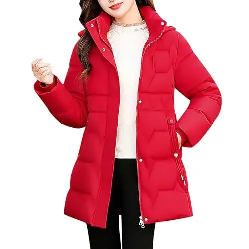 Produktbild: Gubsssl Daunenjacken Damen Winter Jacke Warme Pufferjacke Casual Winterjacke Puffer Jacket Einfarbig Steppmantel Elegant Daunenmantel Damenmantel mit Kapuze Mantel Grosse Grössen Wintermantel Rot XL