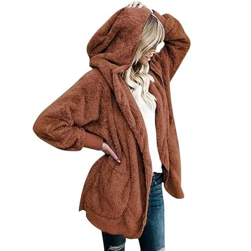 Produktbild: Gubsssl Fleecejacke Damen Teddy Jacke Lang Strickjacke Warme Teddyjacke Einfarbig Wintermantel Wollmantel Kuscheljacke Winterjacke Kapuzenjacke Winter Cardigan Frauen Mantel Oversize Kleidung Kaffee L