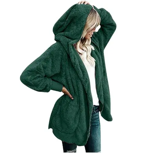 Produktbild: Gubsssl Fleecejacke Damen Teddy Jacke Lang Strickjacke Warme Teddyjacke Einfarbig Wintermantel Wollmantel Kuscheljacke Winterjacke Kapuzenjacke Winter Cardigan Oversize Kleidung Frauen Mantel Grün L