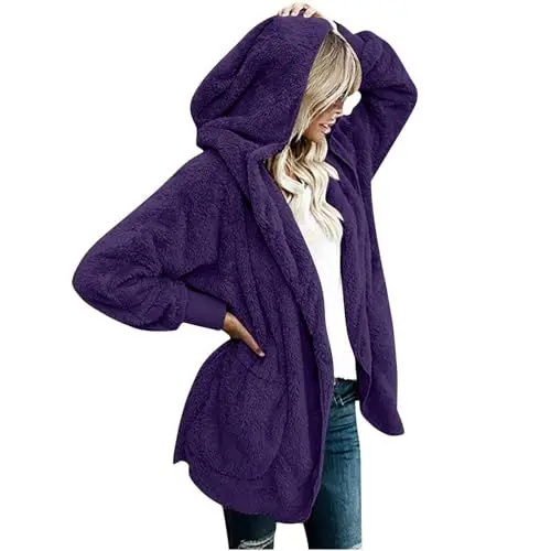 Produktbild: Gubsssl Fleecejacke Damen Teddy Jacke Lang Strickjacke Warme Teddyjacke Einfarbig Wintermantel Wollmantel Kuscheljacke Winterjacke Kapuzenjacke Winter Cardigan Oversize Kleidung Frauen Mantel Lila 3XL