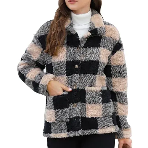 Produktbild: Gubsssl Winterjacke Damen Karierte Hemdjacke Casual Karohemd Warme Wintermantel Winter Jacke Grosse Grössen Flanellhemd ohne Kapuze Damenjacke Gefütterte Wollmantel Mantel Frauen Kleidung Kaki M