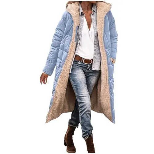 Produktbild: Gubsssl Wintermantel Damen Lang Fleecejacke Warme Winterjacke Gefütterte Wollmantel Winter Jacke steppjacke Wolljacke Oversize Fleecemantel mit Reißverschluss Mantel Frauen Daunenmantel Hellblau XL