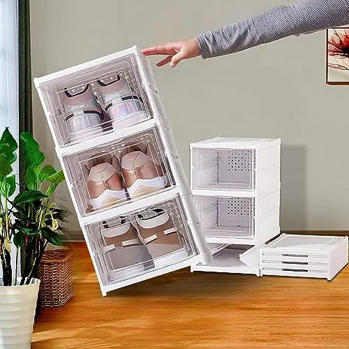Produktbild: GUDEMAY Schuhboxen - Faltbare Schuhschrank mit transparent Türen - Kunststoff Schuhregal stapelbar und platzsparend für Sneaker bis Größe 46, Installationsfrei (Weiß - 3 Ebenen)