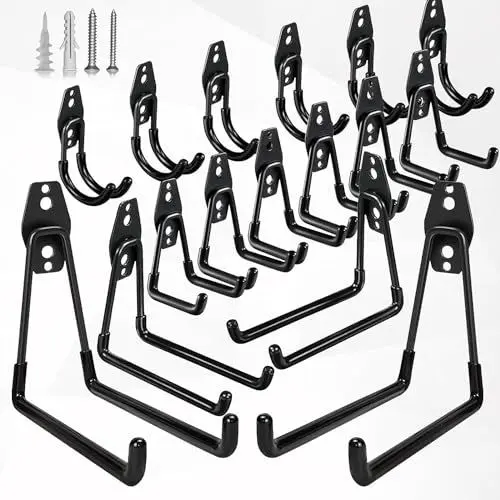 Produktbild: GUDEMAY Wandhaken Garage - 16 Stück Schwerlast Haken mit Schrauben und Gummischutz - Platzsparende Aufbewahrung Wandhalterung für Werkzeug, Fahrräder, Leiter, Ski & Gartengeräte - Schwarz