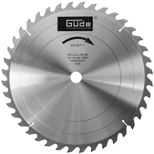 Produktbild: Güde 1839 Brennholzsägeblatt HM 400x30x3,2x40Z (aus Hartmetall, 40 cm Durchmesser, 3 cm Sägeblattbohrung, 40 Zähne, 2,2 mm Sägeblattstärke, für max. Schnitte mit bis zu 3500 1/min)