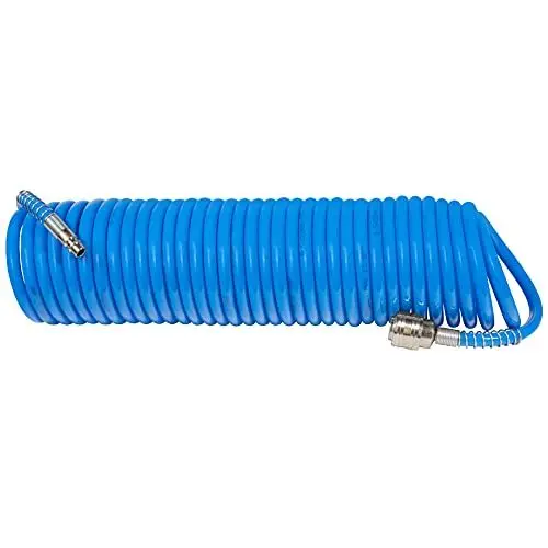 Produktbild: Güde Spiralschlauch 10 m (für Druckluft-Kompressoren bis max. 11 bar, ausziehbar bis 10 m, ø 10/6,5 mm, aus Polyurethan (PU), Schnellkupplung und Stecknippel, Knickschutz für längere Haltbarkeit)