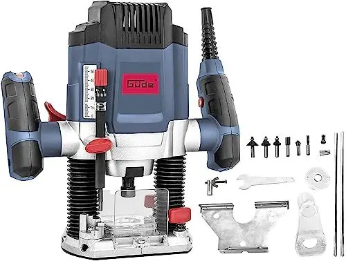Produktbild: Güde 58117 Oberfräse OF 1200 E (1200 W, Hubhöhe: 55 mm, 7-fach einstellbarer Tiefenanschlag, Spannzangenaufnahme: 6 + 8 mm, 2-Säulen Führung, stufenlose Drehzahlregulierung, inkl. 6 Fräsaufsätze uvm.)