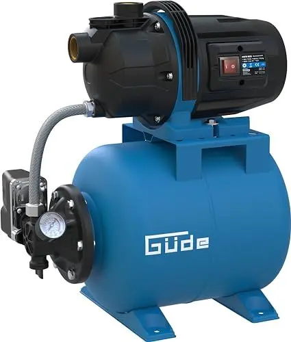 Produktbild: Güde Hauswasserwerk HWW 6035 (600 W, Kesselinhalt: 19 l, Fördervolumen: 3200 l/h, Förderhöhe: max. 35 m, Ansaughöhe: max. 7 m, Noryllaufrad, Stahltank, Druckschalter, Thermoschutzschalter, Manometer)