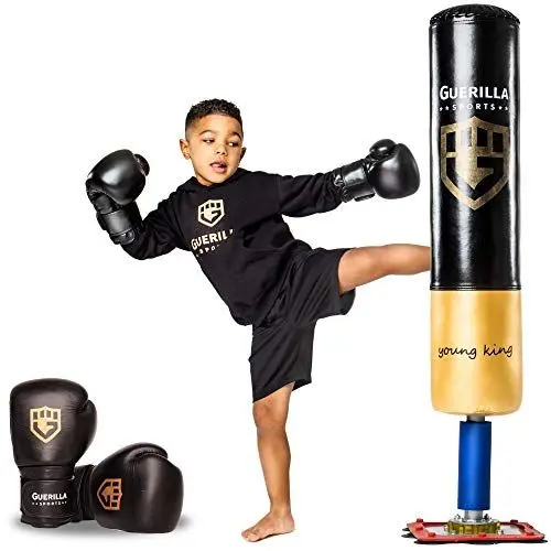 Produktbild: Guerilla Sports Standboxsack „Young King“ - Freistehender Boxsack mit Ständer, inkl. Boxhandschuhe (6oz) - Robuster Punching-Sack für MMA, Boxen, Training - Für Kinder, von 4-13 Jahre