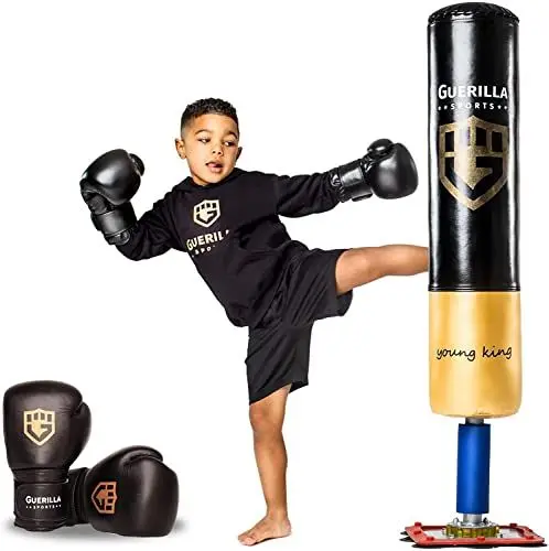 Produktbild: Guerilla Sports Standboxsack „Young King“ - Freistehender Boxsack mit Ständer, inkl. Boxhandschuhe (8oz) - Robuster Punching-Sack für MMA, Boxen, Training - Für Kinder, von 4-13 Jahre