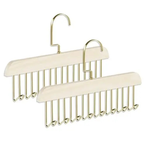 Produktbild: Gürtelhalter Kleiderschrank, 2 Stück rutschfest Holz Kleiderbügel Krawattenhalter mit 8 Haken 360 Grad Drehbarer Krawattenbügel Schalhalter Gürtel Schal Organizer Aufbewahrung (Milchig)