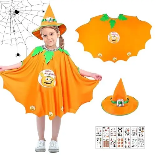 Produktbild: Gugatad Halloween Kostüm für Kinder,Halloween Umhang für Kinder, Fledermaus Umhang Kostüm, Fledermaus Kürbis Kostüm Set Hut Tattoo-Aufkleber,für Halloween,Fasching, Karneval, Kostüm für Höhe 90-150cm