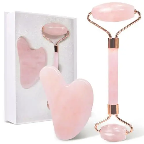 Produktbild: GUGUG Rosenquarz Roller und Gua Sha Stein, Natural Jade Roller for Facial Massage, Face Roller for Eye Puffiness, Skin Tightening