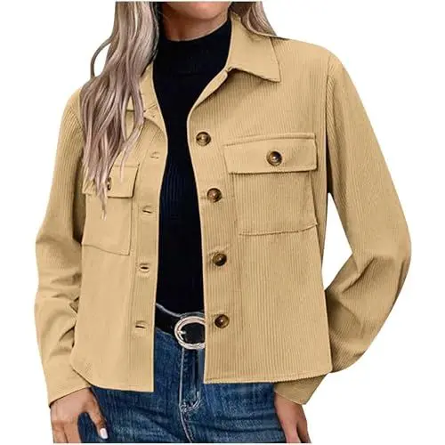 Produktbild: Guhmomh Generisch Winterjacke Damen Kurz Wintermantel Cordjacke Fleecejacke Parka Langarm Winterparka mit Taschen Damenjacken Einfarbig Mantel Baumwolle Flanellhemd Wollmantel Outlet Angebote Khaki M