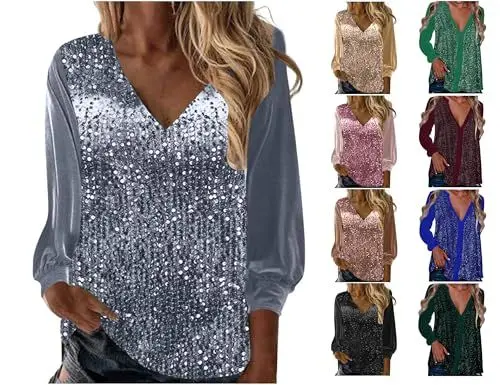 Produktbild: Guhmomh Glitzer Oberteile Damen Party Silvester Outfit Faschingskostüme Pailletten Bluse Elegant Pullover Festliche Langarmshirt Baumwolle Tunika T-Shirt Modern Hemd Angebote 01 Silber 3XL