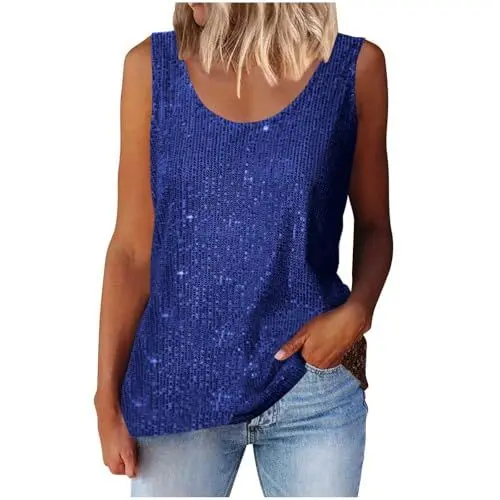 Produktbild: Guhmomh Glitzer Oberteile Damen Tank Top Silvester Outfit Ärmellos Pailletten Oberteil Sexy Party Bluse Festliche Faschingskostüme T-Shirt Elegant Hemd Outlet Angebote Blau L