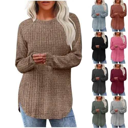 Produktbild: Guhmomh Strickpullover Damen Winter Pullover Warme Langarmshirt Rundhals Sweatshirt Einfarbig Pulli ohne Kapuze Winterpullover Frauen Sweater Strickpulli Blusen Gutscheine Khaki S