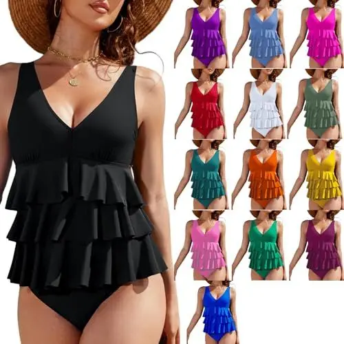 Produktbild: Guhmomh Tankini Damen Set mit Badeshorts Bauchweg High Waist Swimsuits Elegant Schwimmanzug Sommer Badeanzug Sport Bademode Sexy Strandmode Strand Warehouse Deals Angebote Schwarz XL