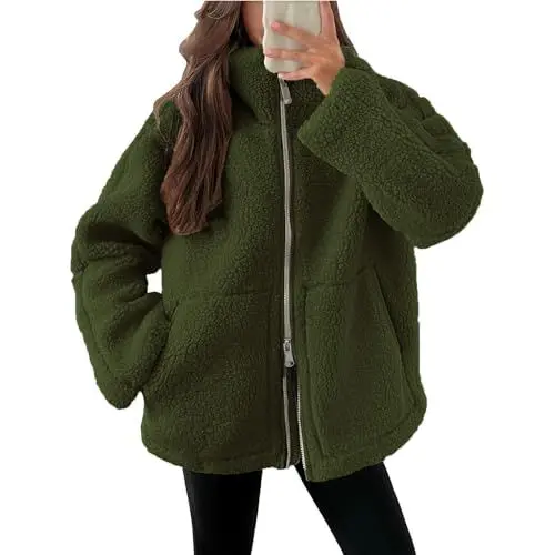 Produktbild: Guhmomh Teddyfleece Jacke Damen Winter Fleecejacke Winterjacke Reißverschluss Wintermantel mit Taschen Plüschjacke Einfarbig Flanellhemd Frauen Mantel Baumwolle Jacke Damen Sale Grün L