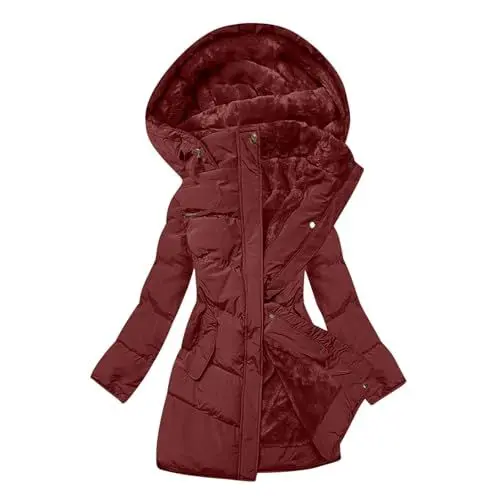 Produktbild: KOG Steppjacke Damen Jacke Warm Dufflecoat Baumwolle Trainingsjacke Daunenjacke Oberteile Frau Outlet Angebote Warme Trenchcoat Mode Hoodie Jacke Softshelljacke Sale Damen Wein M
