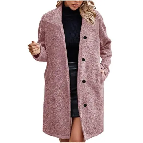 Produktbild: Guhmomh Winterjacke Damen Wintermantel Baumwolle Fleecejacke Parka mit Taschen Elegant Winterparka Einfarbig Wollmantel Teddy Jacke Flanellhemd Dufflecoat Winddicht Revers Mantel mit Knöpfen Rosa M