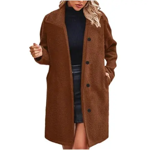 Produktbild: Guhmomh Winterjacke Damen Warm Wintermantel Baumwolle Fleecejacke Parka mit Taschen Elegant Winterparka Einfarbig Wollmantel Teddy Jacke Flanellhemd Dufflecoat Gutschein Kaffee XL Kaffee