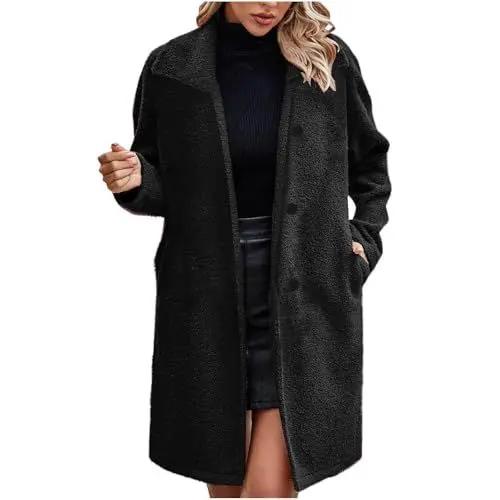 Produktbild: Guhmomh Winterjacke Damen Warm Wintermantel Baumwolle Fleecejacke Parka mit Taschen Elegant Winterparka Einfarbig Wollmantel Teddy Jacke Flanellhemd Dufflecoat Gutschein Schwarz M Schwarz