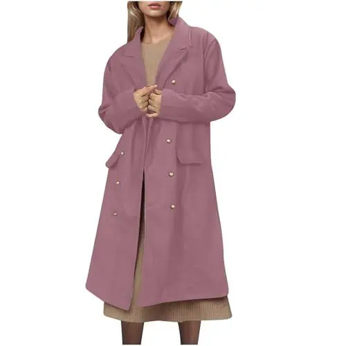 Produktbild: Guhmomh Winterjacke Damen Warm Wintermantel Elegant Wollmantel Lange Fleecejacke Wolle Parka mit Taschen Winterparka Einfarbig Teddy Jacke Dufflecoat Revers Mantel Angebote Rosa S