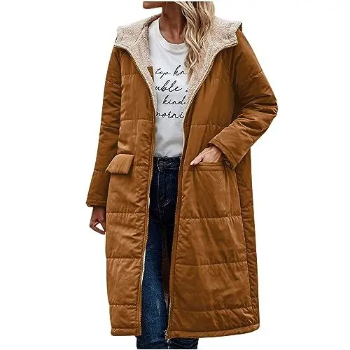 Produktbild: Guhmomh Winterjacke Damen Wintermantel Lange Steppjacke Warme Gefüttert Daunenjacke Langarm Parka mit Kapuze Winterparka Einfarbig Hoodie Reißverschluss Mantel Damen Sale Braun XXL