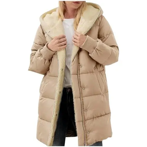 Produktbild: Guhmomh Winterjacke Damen Wintermantel Lange Steppjacke Warme Gefüttert Daunenjacke Langarm Parka mit Kapuze Winterparka Einfarbig Hoodie Reißverschluss Mantel Angebote Khaki M