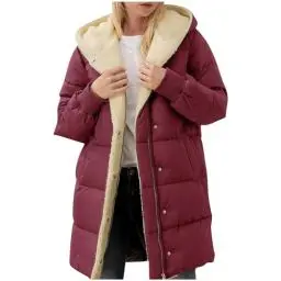 Produktbild: Guhmomh Winterjacke Damen Wintermantel Lange Steppjacke Warme Gefüttert Daunenjacke Langarm Parka mit Kapuze Winterparka Einfarbig Hoodie Reißverschluss Mantel Angebote Wein L