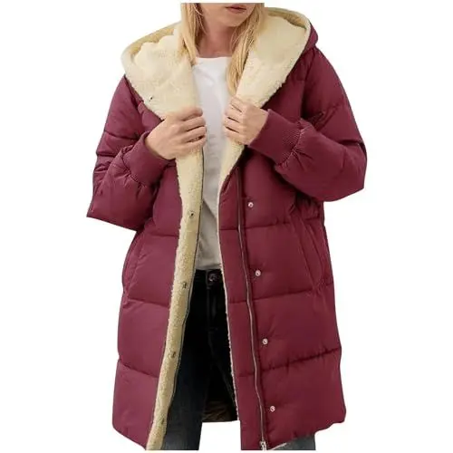 Produktbild: Guhmomh Winterjacke Damen Wintermantel Lange Steppjacke Warme Gefüttert Daunenjacke Langarm Parka mit Kapuze Winterparka Einfarbig Hoodie Reißverschluss Mantel Angebote Wein L
