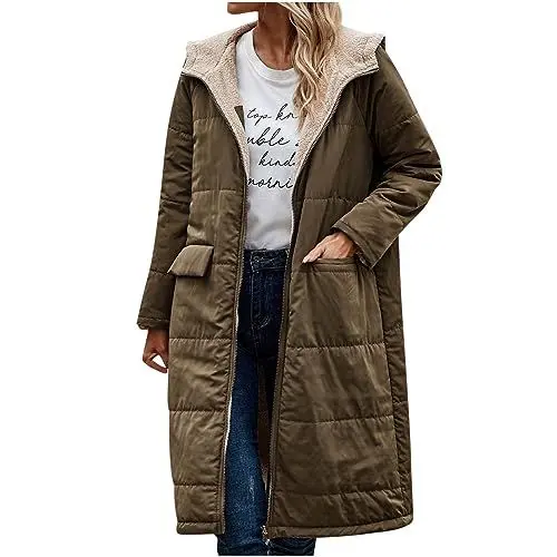 Produktbild: Guhmomh Winterjacke Damen Wintermantel Lange Steppjacke Warme Gefüttert Daunenjacke Langarm Parka mit Kapuze Winterparka Einfarbig Hoodie Reißverschluss Mantel Damen Sale Armeegrün XXL