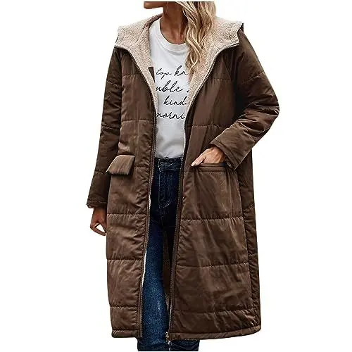 Produktbild: Guhmomh Winterjacke Damen Wintermantel Lange Steppjacke Warme Gefüttert Daunenjacke Langarm Parka mit Kapuze Winterparka Einfarbig Hoodie Reißverschluss Mantel Sale Damen Kaffee S