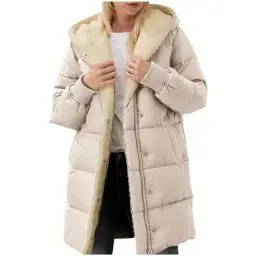 Produktbild: Guhmomh Winterjacke Damen Wintermantel Lange Steppjacke Warme Gefüttert Daunenjacke Langarm Parka mit Kapuze Winterparka Einfarbig Hoodie Reißverschluss Mantel Blitzangebote Beige M