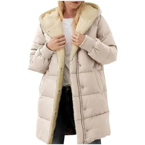 Produktbild: Guhmomh Winterjacke Damen Wintermantel Lange Steppjacke Warme Gefüttert Daunenjacke Langarm Parka mit Kapuze Winterparka Einfarbig Hoodie Reißverschluss Mantel Blitzangebote Beige M