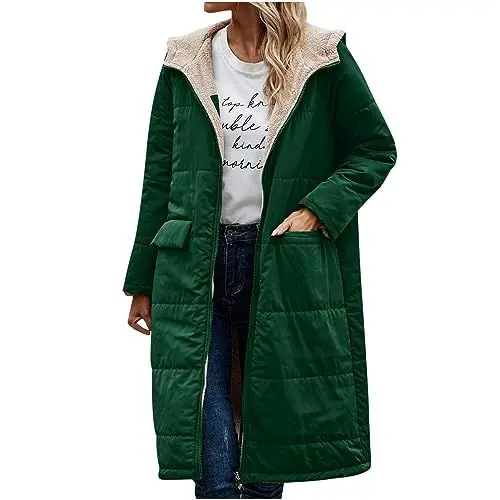 Produktbild: Guhmomh Winterjacke Damen Wintermantel Lange Steppjacke Warme Gefüttert Daunenjacke Langarm Parka mit Kapuze Winterparka Einfarbig Hoodie Reißverschluss Mantel Outlet Angebote Grün 3XL
