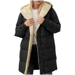 Produktbild: Guhmomh Winterjacke Damen Wintermantel Lange Steppjacke Warme Gefüttert Daunenjacke Langarm Parka mit Kapuze Winterparka Einfarbig Hoodie Reißverschluss Mantel Gutscheine Schwarz M
