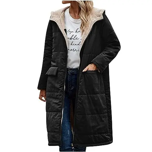 Produktbild: Guhmomh Winterjacke Damen Wintermantel Lange Steppjacke Warme Gefüttert Daunenjacke Langarm Parka mit Kapuze Winterparka Einfarbig Hoodie Reißverschluss Mantel Sale Angebote Schwarz S
